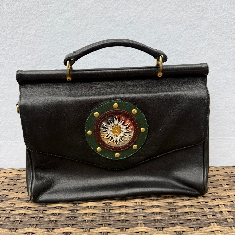 Vintage DONNIO Black Leather Handbag Sunburst Top Handle Satchel Purse